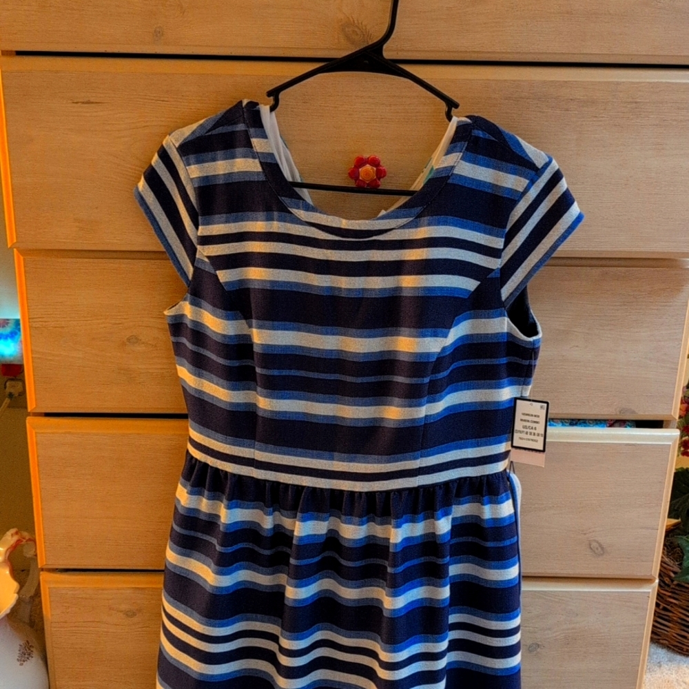 NWT Nine West blue striped belted cap sleeve dress size 6